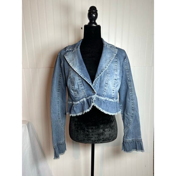 Mixit Size large Denim Jacket  stretch Ruffle Collared Frayed cropped jeans - Picture 1 of 14